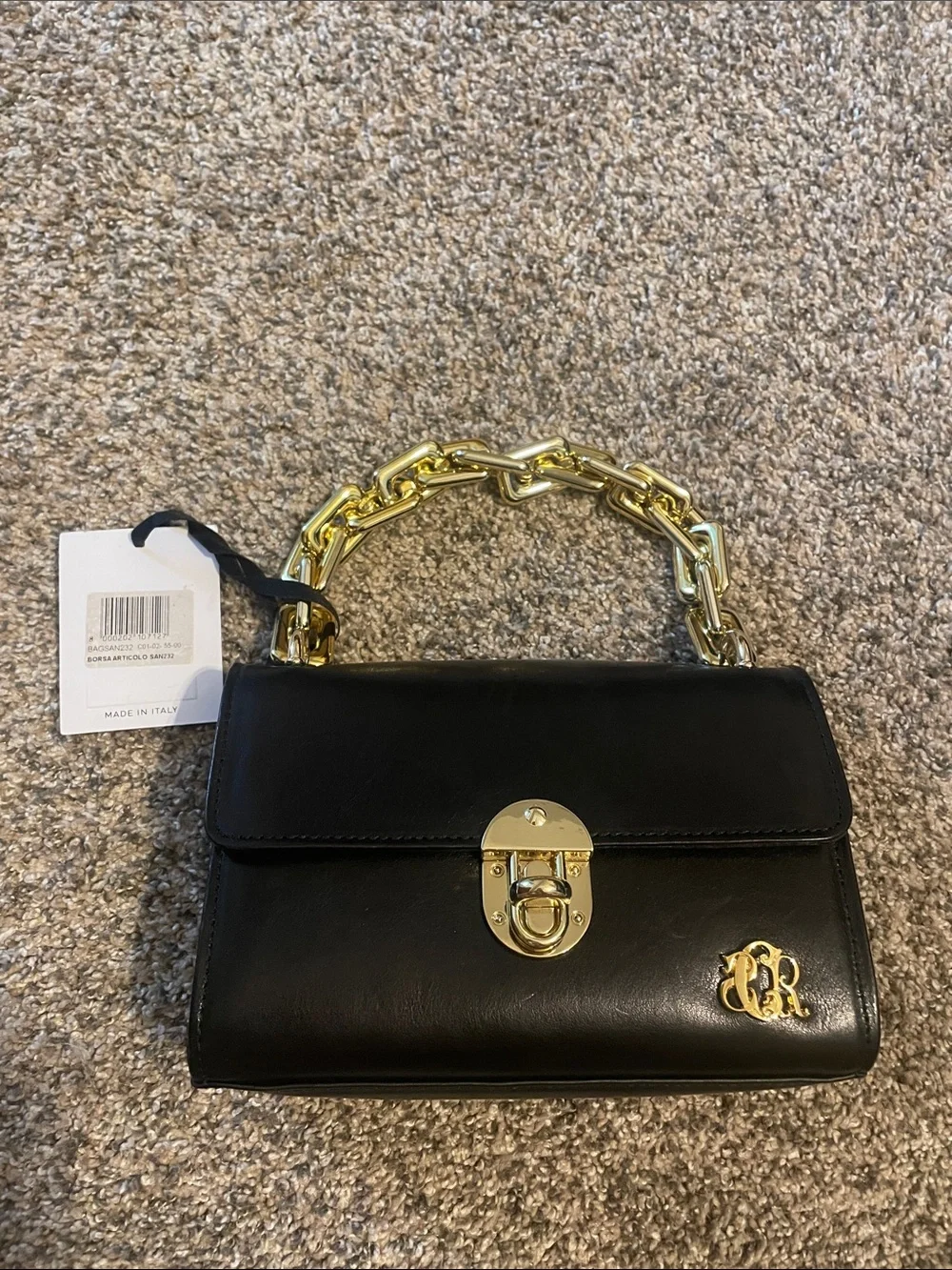 NWT Borsa San232 Black Leather Satchel with Gold Chain Handle and Hardware